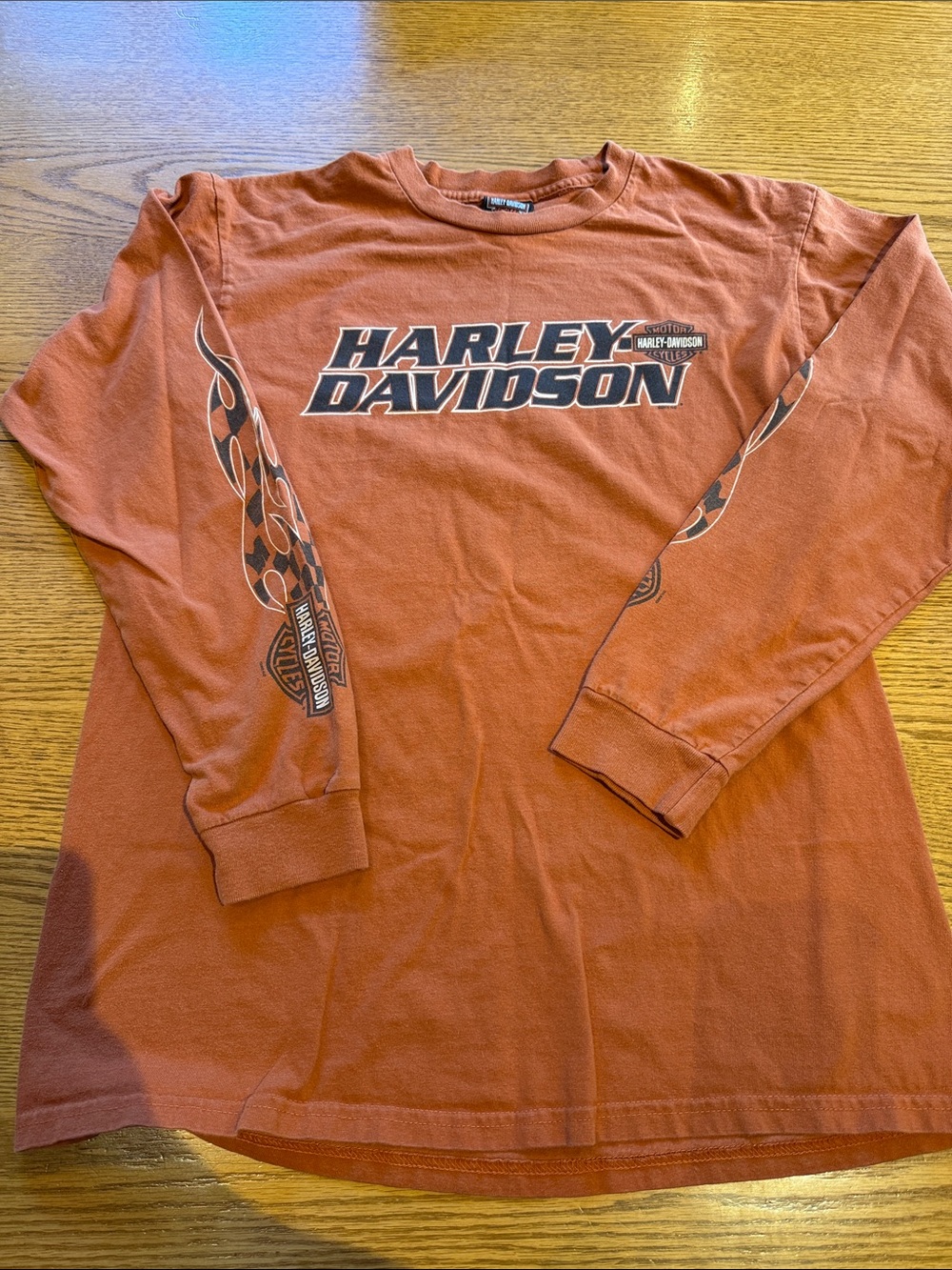 Harley-Davidson Rust Orange Long Sleeve Logo Tee with Flame Sleeves